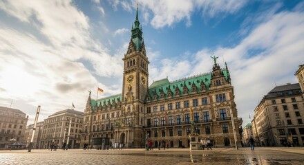 Naklejka premium Hamburg City Hall - Majestic Architecture Under a Cloudy Sky.