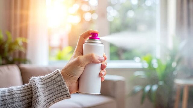 Hand spraying air freshener in bright sunlit living room