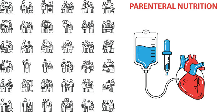 Parenteral Nutrition Medical Vector Set With IV Drip Bag Heart Anatomy and Patient Group Silhouette Icons Collection