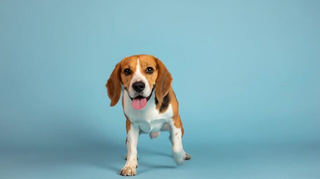 Happy tricolor beagle dog sitting against a blue background