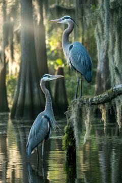 Graceful Herons in Twilight: Serene Wetlands with Elegant Birds and Mossy Trees Reflections in a Peaceful Freshwater Habitat
