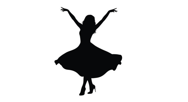 Silhouette of a dancer in a flowing dress with arms raised in a graceful pose