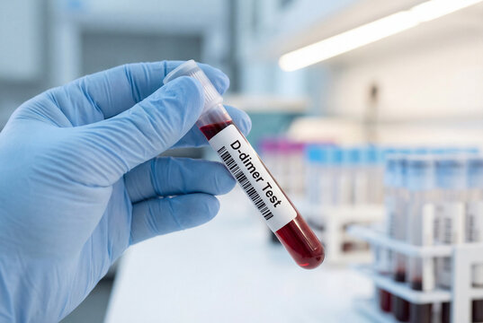 Medical technician holding a blood sample for a d dimer test in a modern laboratory setting