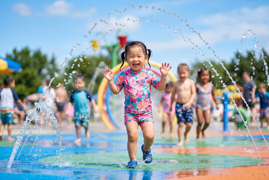 Happy asian toddler girl running through water sprays at sunny outdoor splash pad