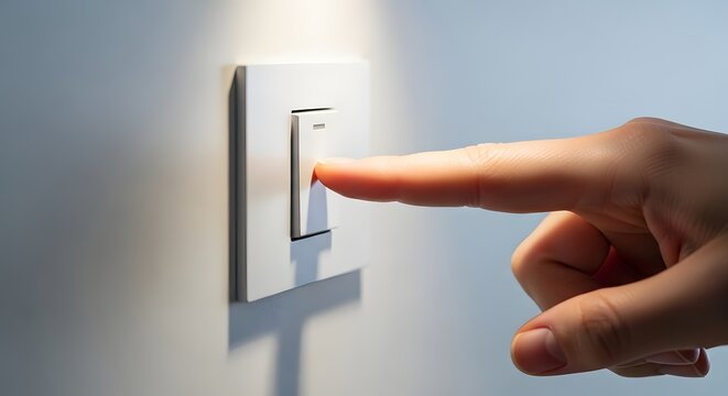 Close-up of a finger pressing a light switch on a wall with finger push finger press switch on switch off domestic life human finger human hand