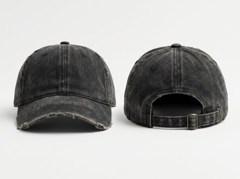 Set of Two Distressed Black Baseball Caps Front and Back View, Vintage Washed Cotton Dad Hat Mockup Isolated on White