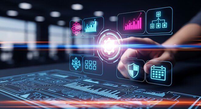 Data analytics interface displays glowing charts and security icons while a hand interacts with the touchscreen. This image is ideal for website hero banners and fintech marketing.