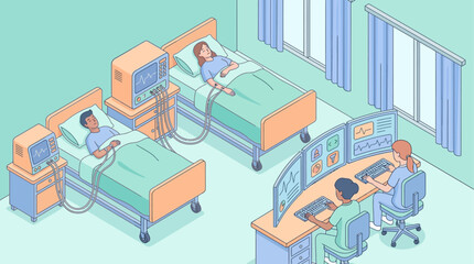 Obraz premium Isometric Hospital Ward Illustration with Patients and Medical Staff Monitoring Digital Health Data