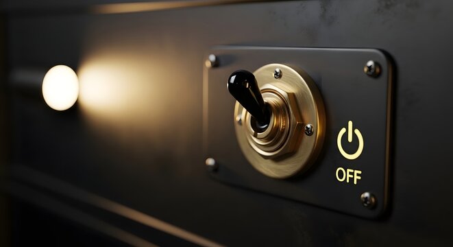 Retro brass toggle switch in the off position with a glowing light bulb effect on off cut off turn off vintage technology industrial design electricity