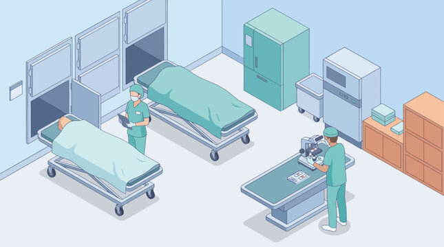 Isometric Hospital Morgue Layout with Medical Professionals, Pathologists, and Autopsy Equipment, Flat Vector Illustration for Healthcare Infographics and Medical Research Presentation