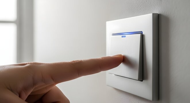 Close-up of a finger pressing a modern light switch with a blue illuminated indicator on off user interface switch panel ceiling light smart home
