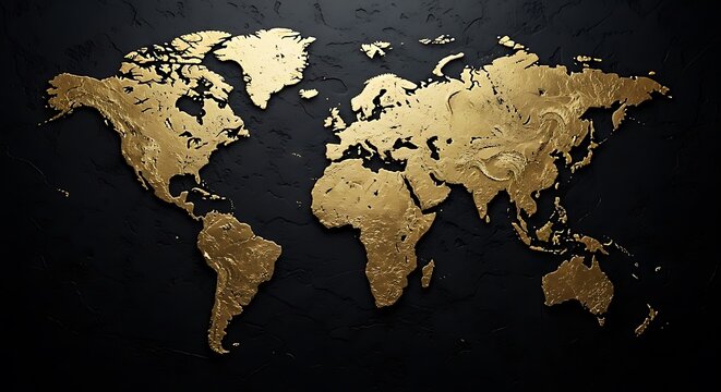 Golden world map with rich metallic texture rests on a dark, splattered matte surface with dramatic lighting. Ideal for luxury international trade and global investment banking advertising.