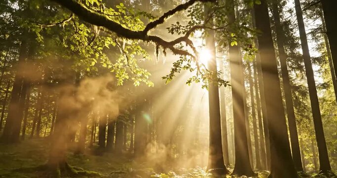 Golden sunlight beams through mist in a lush green temperate forest