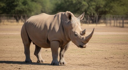 Obraz premium Magnificent rhinoceros standing in its natural habitat under sunlight.