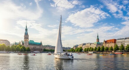 Obraz premium Hamburg Cityscape with Sailboat on Alster Lake Under Blue Sky.