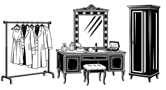 Elegant dressing room illustration vanity mirror wardrobe and clothes rack