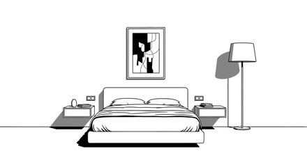 Fototapeta premium Minimalist bedroom interior illustration bed art lamp and nightstands