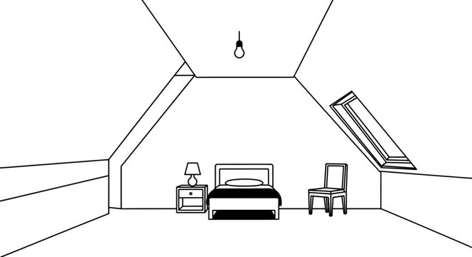 Minimalist bedroom interior sketch featuring bed chair and overhead light fixture