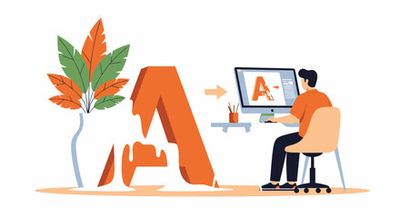 Graphic designer working on typography and 3D digital art in a creative workspace © Vectors