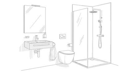 Fototapeta premium Modern bathroom interior sketch illustration sink shower and toilet fixtures