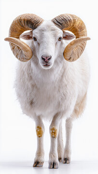A Garut Sheep standing proudly, isolated on a clean white background, with very detailed fur and horns, this Sheep is known for its superiority.