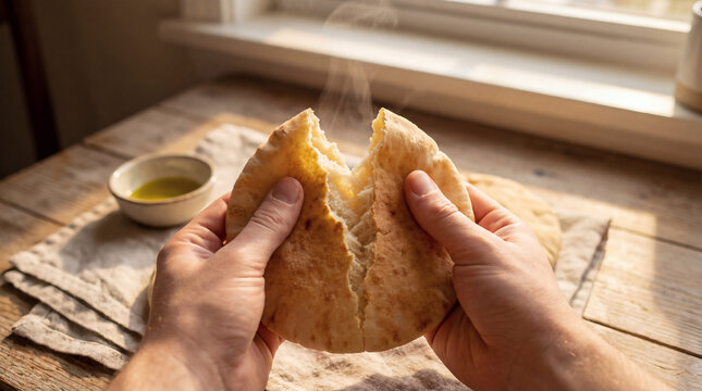 Hands Breaking Fresh Steaming Hot Pita Bread on Rustic Table