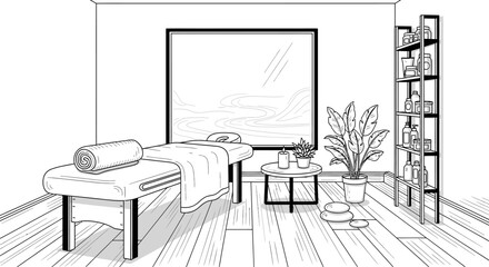 Fototapeta premium Spa interior illustration massage bed plant shelves relaxing atmosphere
