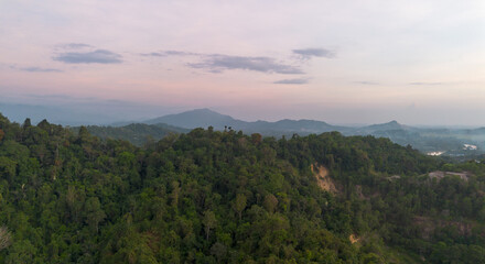 Obraz premium Aerial view of a dense, lush tropical rainforest canopy stretching across hilly terrain