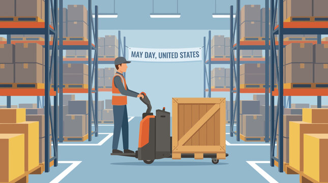 Warehouse Worker Operating Pallet Jack with May Day Banner