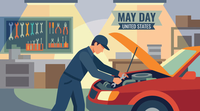 Mechanic Repairing Car with May Day United States Banner