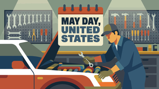 May Day United States mechanic repairing car engine illustration