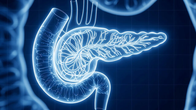 Glowing blue human pancreas and duodenum anatomy diagram with grid organ