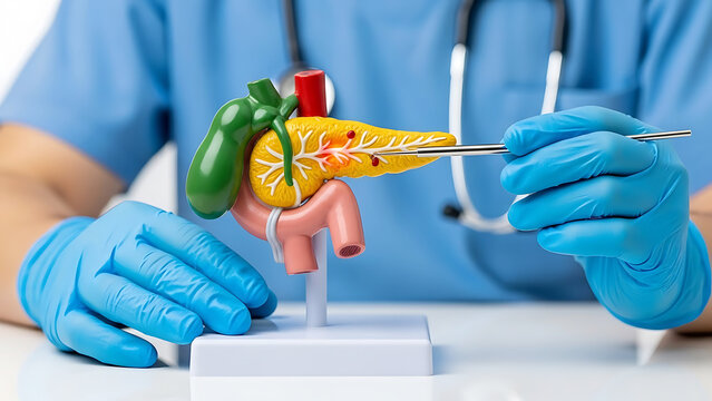 Medical pointing at a model of the pancreas and gallbladder with a metal pointer