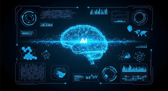 Digital brain hologram interface with blue data analytics and charts