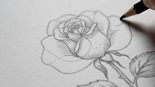 Close-up of a person drawing a detailed rose with a pencil on white paper.