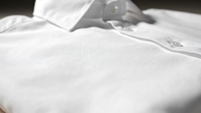 Close-up of a neatly folded white shirt on a light surface, showcasing its clean and crisp appearance.
