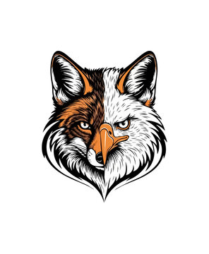 Hybrid animal head illustration fox and bird composite on black background
