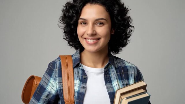 Smiling female student with backpack and books in studio