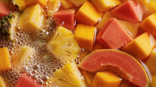 Refreshing Close Up of Tropical Fruit Salad with Mangoes, Pineapples, and Papaya Being Watered for a Healthy Summer