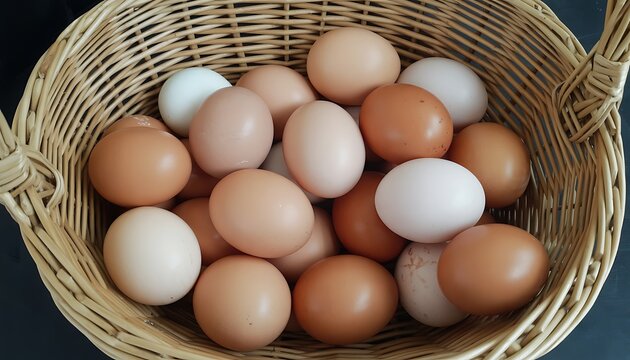 Brown and white eggs in a wicker basket