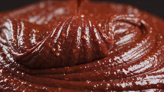 Rich Chocolate Hazelnut Spread Swirling In Smooth Undulating Texture Macro Shot