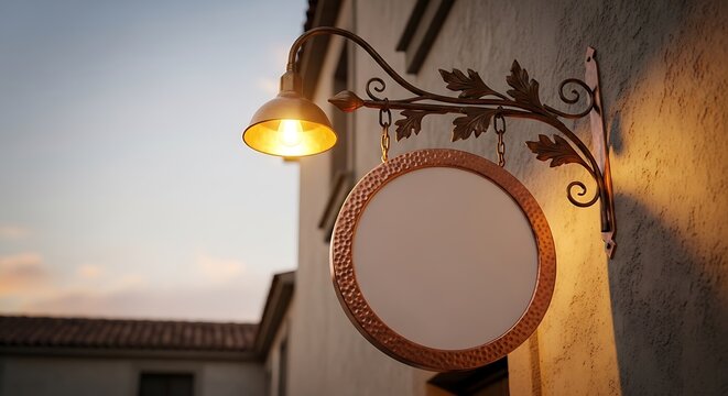 Blank circular shop sign with an ornate wrought-iron bracket hangs on a wall, lit by a warm glowing lamp at sunset with soft bokeh. Ideal for retail store identity mockups.
