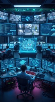 Futuristic Security Operations Center Monitoring Digital Data.