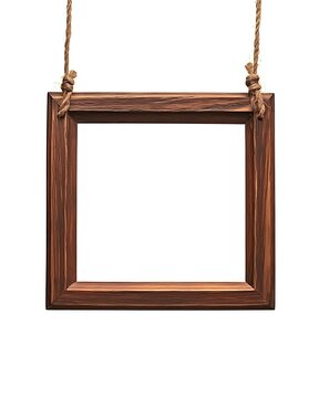 Brown wooden picture frame hanging on ropes