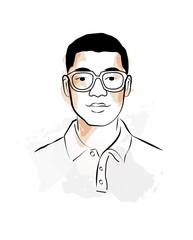 Fototapeta premium Abstract Minimalist Black Ink Line Art Portrait of a Young Man Wearing Glasses and a Polo Shirt with Watercolor Splashes