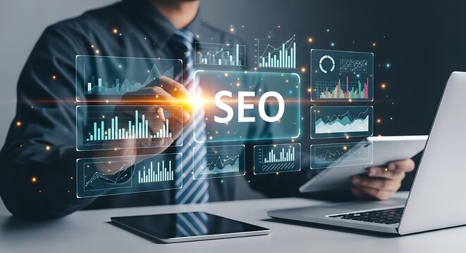 SEO performance dashboard monitored by a professional interacting with glowing digital charts in a dark office environment. Ideal for search engine optimization service marketing.