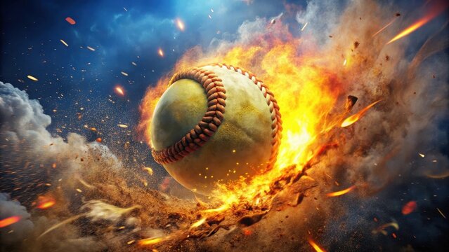 A photo of a softball exploding in midair, emitting a vibrant burst of flames and thick smoke, surrounded by scattered debris and glowing embers