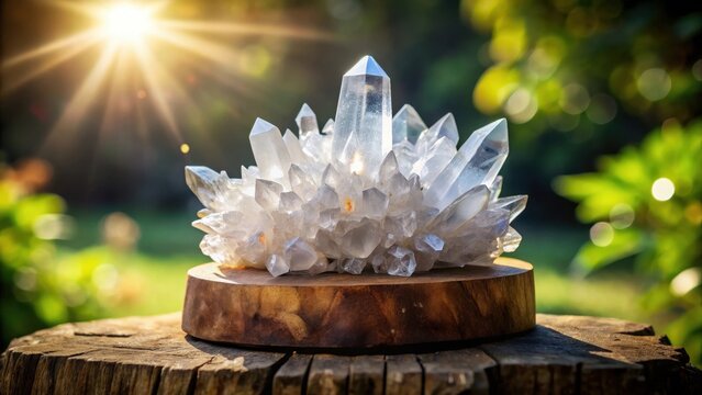 A photo of a pristine white crystal cluster perched delicately on a wooden stand, the crystals catching the light in a mesmerizing display of pure bea