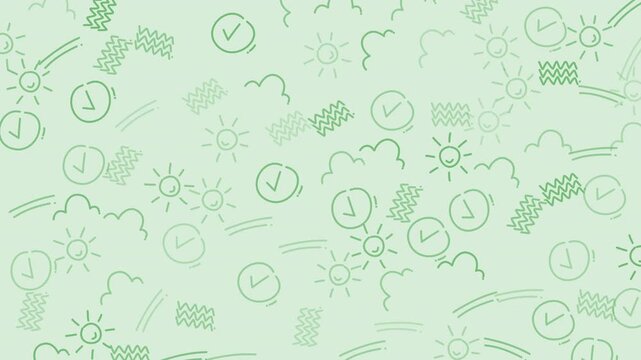 Abstract geometric design with various elements like suns, clocks, clouds, and zigzags. Perfect for backgrounds, textiles, or stationery designs.