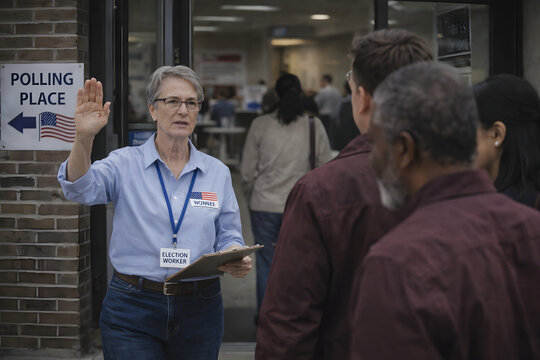 Poll Worker Directing Voters Outside Polling Place